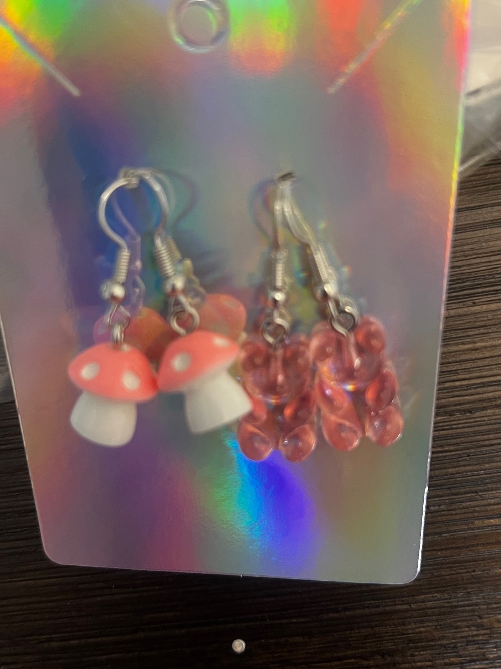 Kids Pink Mushroom and Gummie Bear Dangle Earrings - Cute Pink Kids Accessories